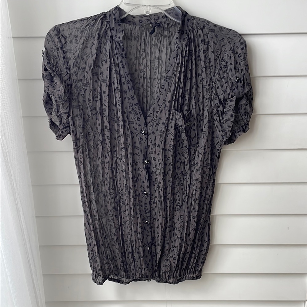 Guess Gray Ruched Blouse with Mandarin Collar Embellishment Beaded Buttons